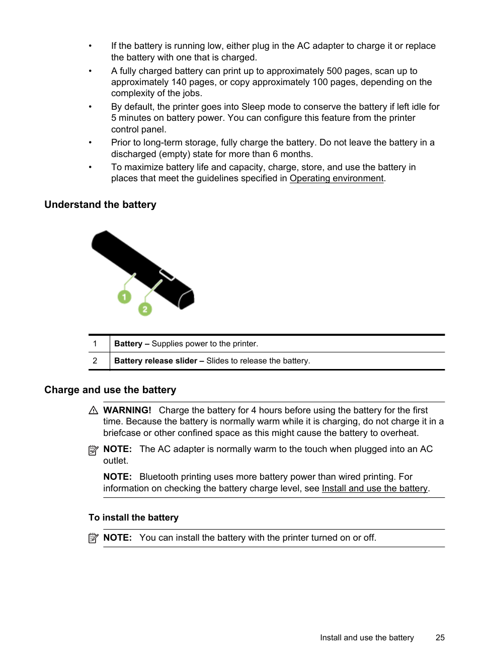 Understand the battery, Charge and use the battery | HP Officejet 150 Mobile All-in-One Printer - L511a User Manual | Page 29 / 138