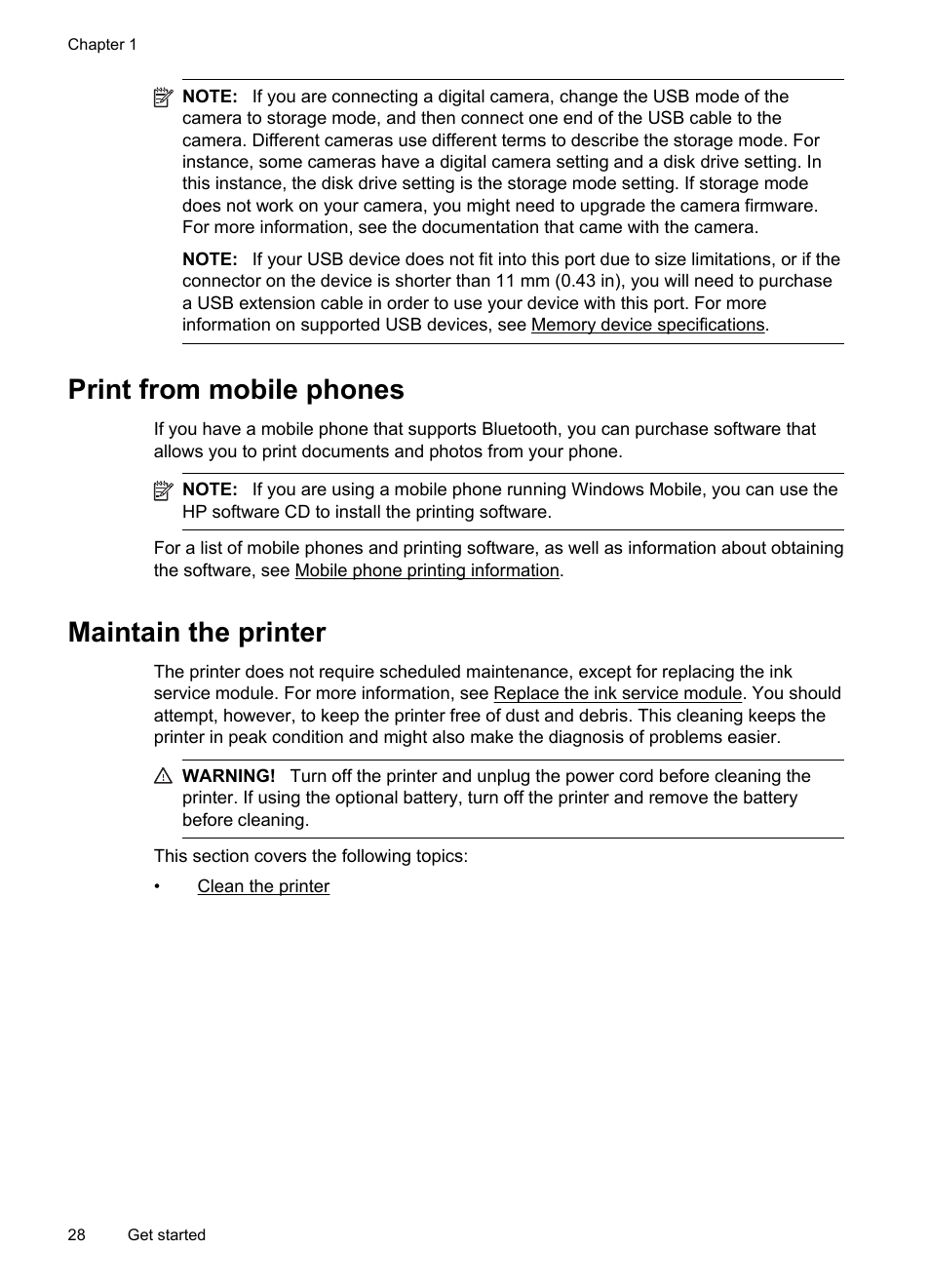 Print from mobile phones, Maintain the printer, Print from mobile phones maintain the printer | Clean the printer | HP Officejet 150 Mobile All-in-One Printer - L511a User Manual | Page 32 / 138