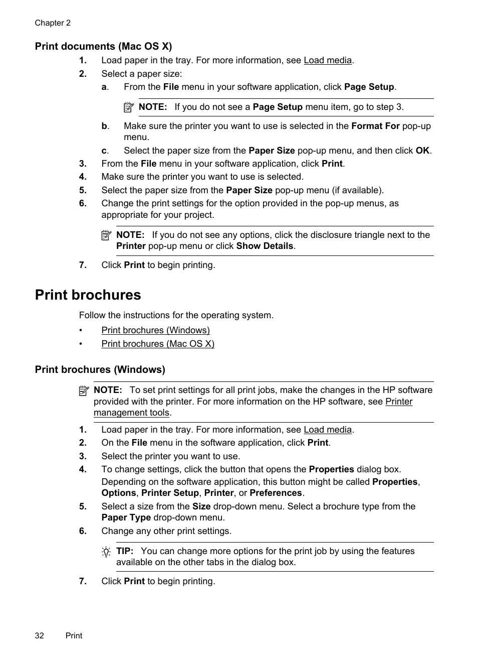 Print documents (mac os x), Print brochures, Print brochures (windows) | HP Officejet 150 Mobile All-in-One Printer - L511a User Manual | Page 36 / 138