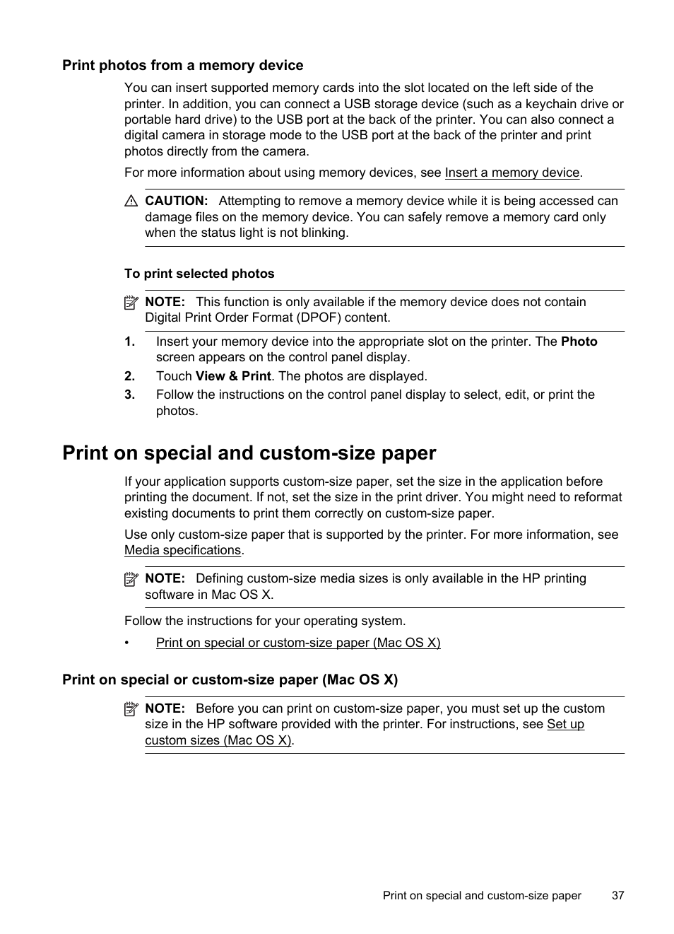 Print photos from a memory device, Print on special and custom-size paper, Print on special or custom-size paper (mac os x) | HP Officejet 150 Mobile All-in-One Printer - L511a User Manual | Page 41 / 138