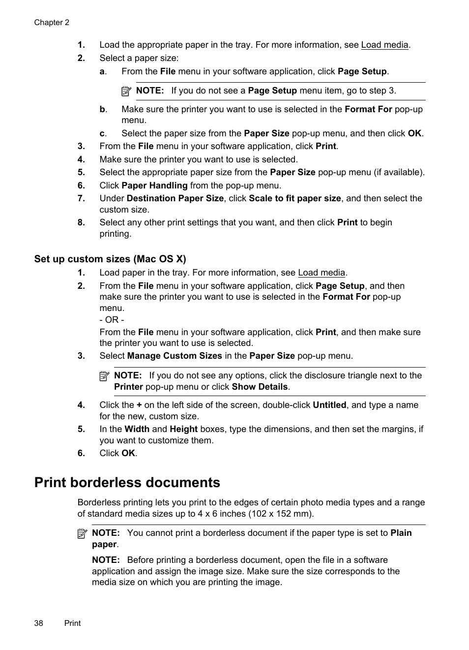 Print borderless documents, Set up custom sizes (mac os x) | HP Officejet 150 Mobile All-in-One Printer - L511a User Manual | Page 42 / 138