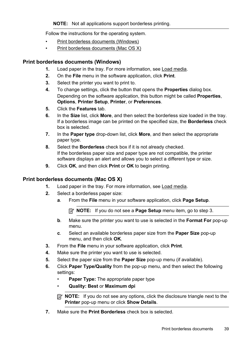 Print borderless documents (windows), Print borderless documents (mac os x) | HP Officejet 150 Mobile All-in-One Printer - L511a User Manual | Page 43 / 138