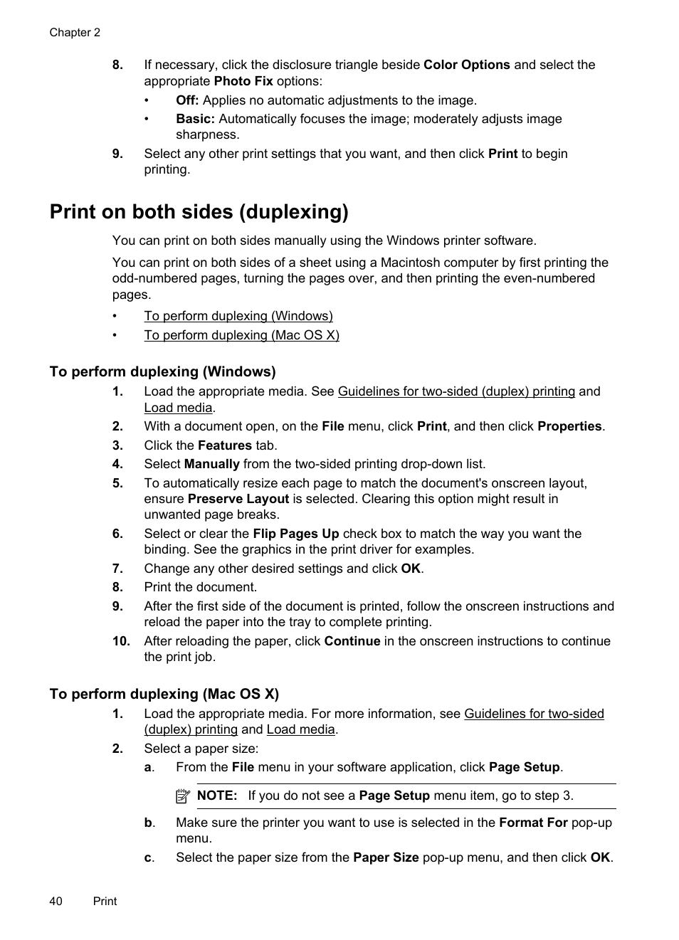 Print on both sides (duplexing), To perform duplexing (windows), To perform duplexing (mac os x) | E print on both sides (duplexing) | HP Officejet 150 Mobile All-in-One Printer - L511a User Manual | Page 44 / 138