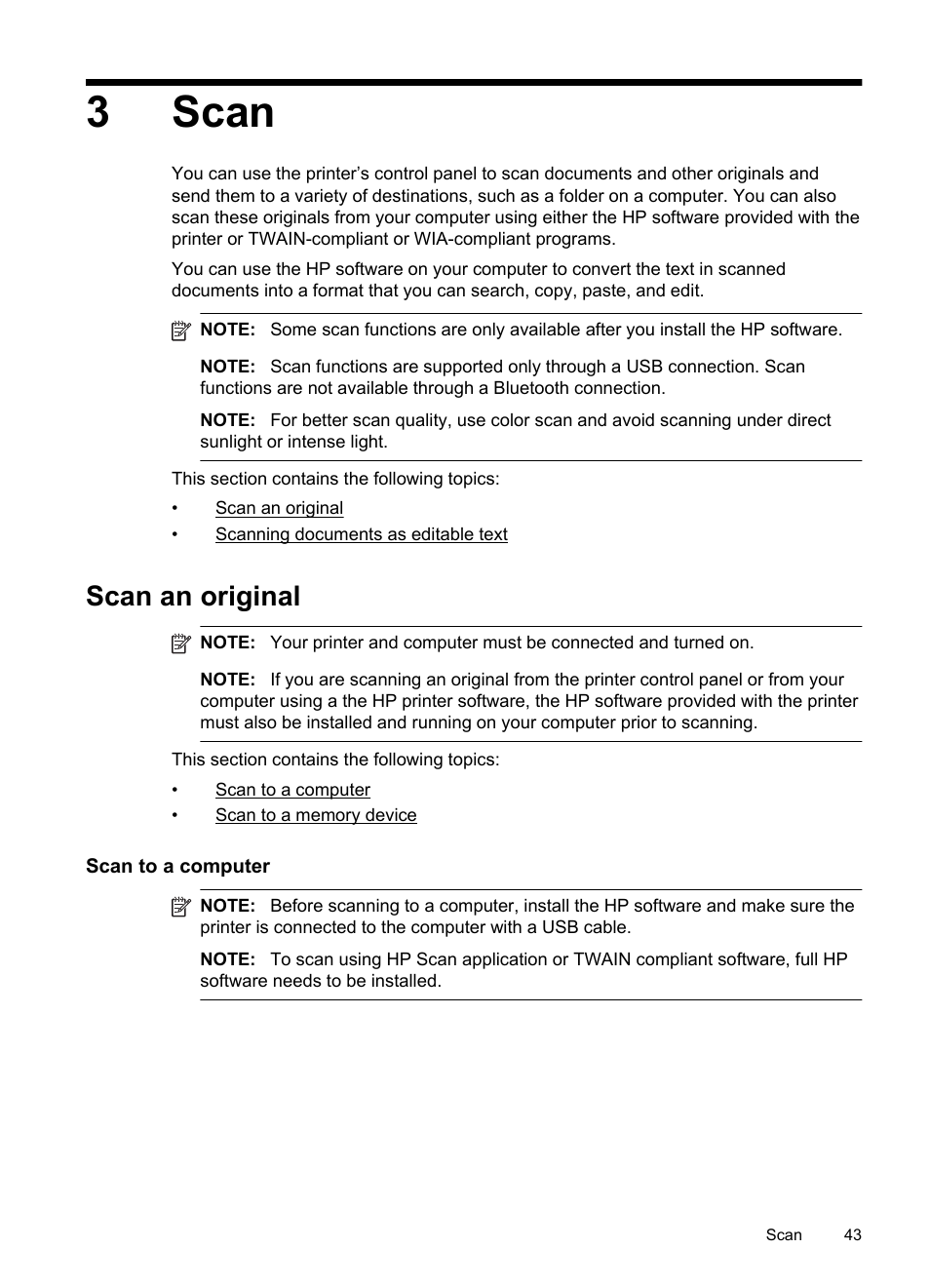 Scan, Scan an original, Scan to a computer | Scan to a computer scan to a memory device, 3scan | HP Officejet 150 Mobile All-in-One Printer - L511a User Manual | Page 47 / 138