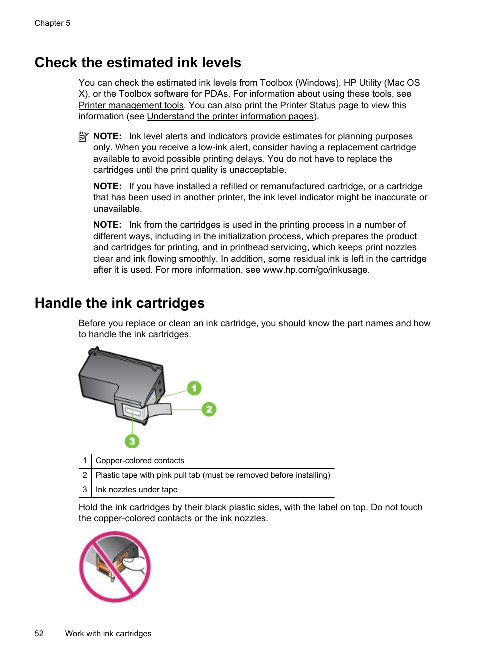 Check the estimated ink levels, Handle the ink cartridges | HP Officejet 150 Mobile All-in-One Printer - L511a User Manual | Page 56 / 138