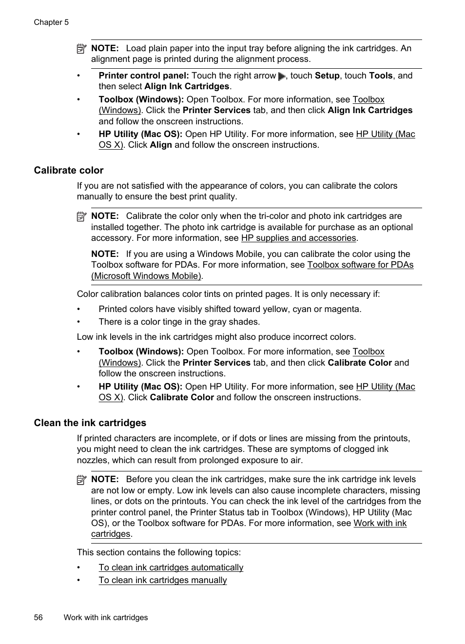 Calibrate color, Clean the ink cartridges | HP Officejet 150 Mobile All-in-One Printer - L511a User Manual | Page 60 / 138