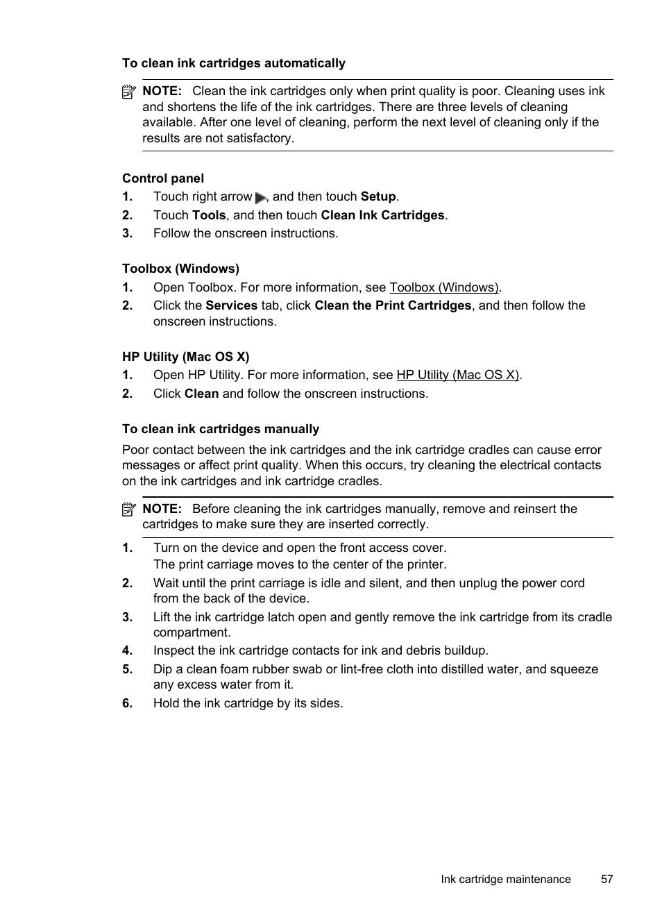 To clean ink cartridges automatically, To clean ink cartridges manually | HP Officejet 150 Mobile All-in-One Printer - L511a User Manual | Page 61 / 138