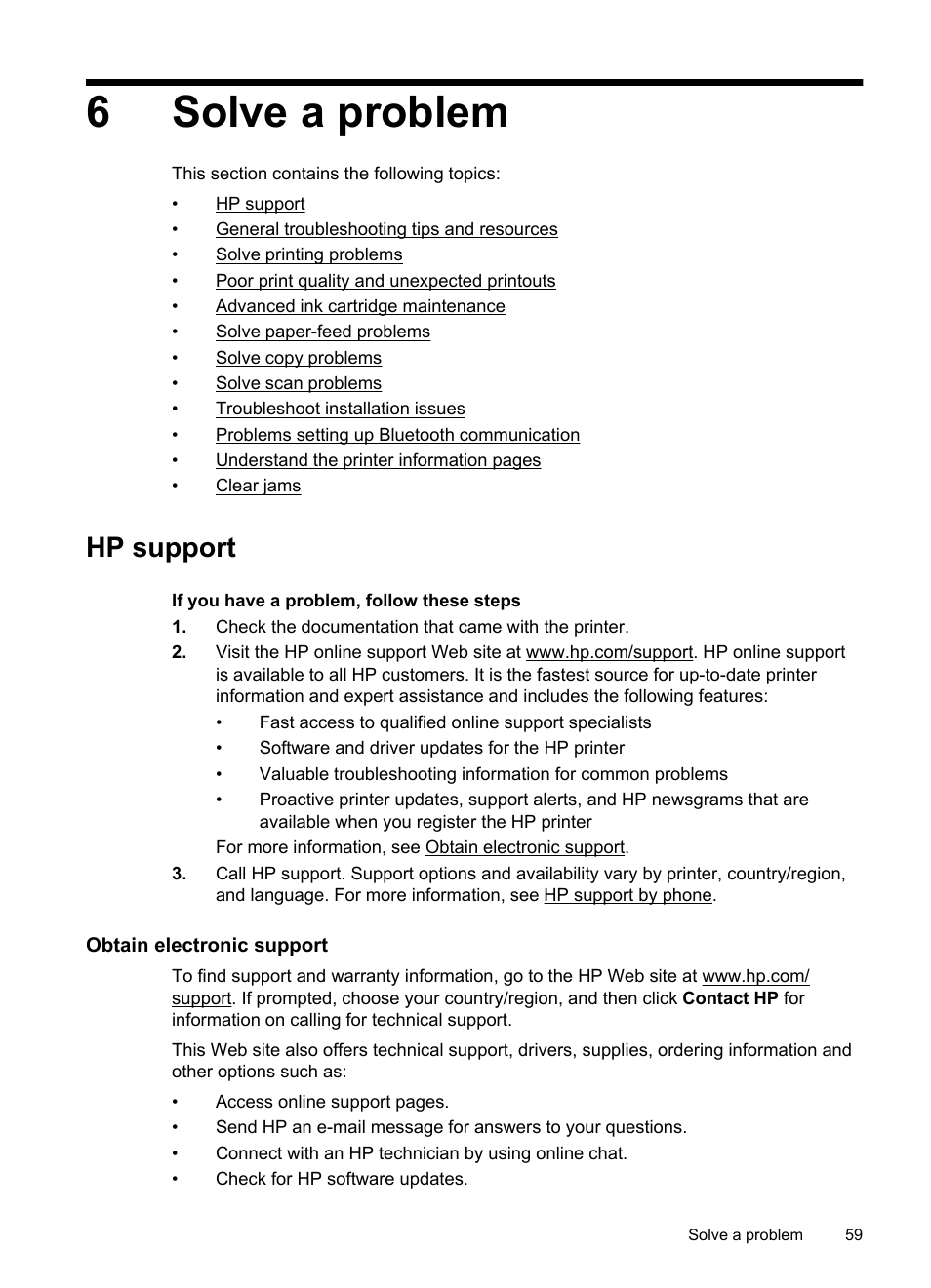 Solve a problem, Hp support, Obtain electronic support | Obtain electronic support hp support by phone, 6solve a problem | HP Officejet 150 Mobile All-in-One Printer - L511a User Manual | Page 63 / 138