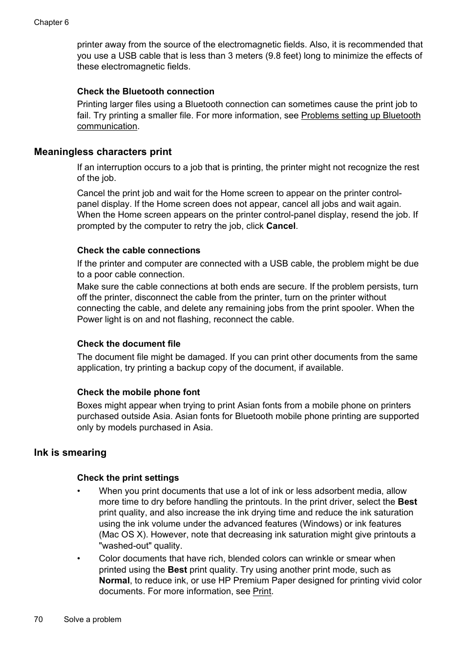 Meaningless characters print, Ink is smearing | HP Officejet 150 Mobile All-in-One Printer - L511a User Manual | Page 74 / 138