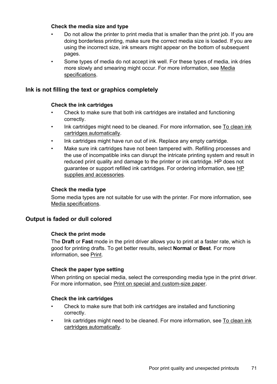 Ink is not filling the text or graphics completely, Output is faded or dull colored | HP Officejet 150 Mobile All-in-One Printer - L511a User Manual | Page 75 / 138