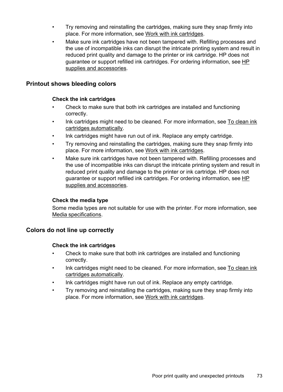 Printout shows bleeding colors, Colors do not line up correctly | HP Officejet 150 Mobile All-in-One Printer - L511a User Manual | Page 77 / 138