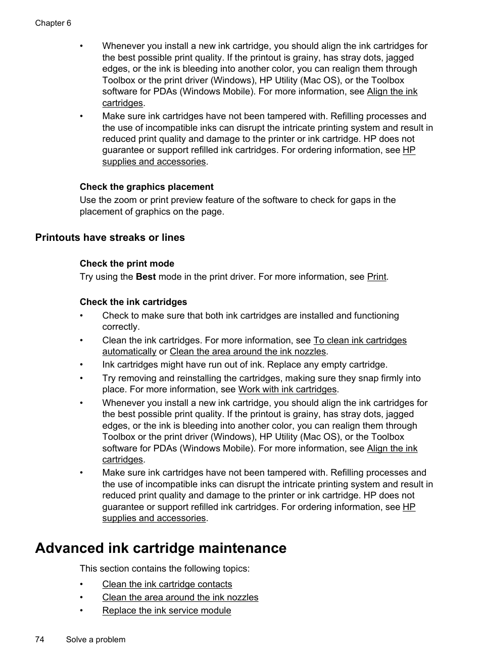 Printouts have streaks or lines, Advanced ink cartridge maintenance | HP Officejet 150 Mobile All-in-One Printer - L511a User Manual | Page 78 / 138