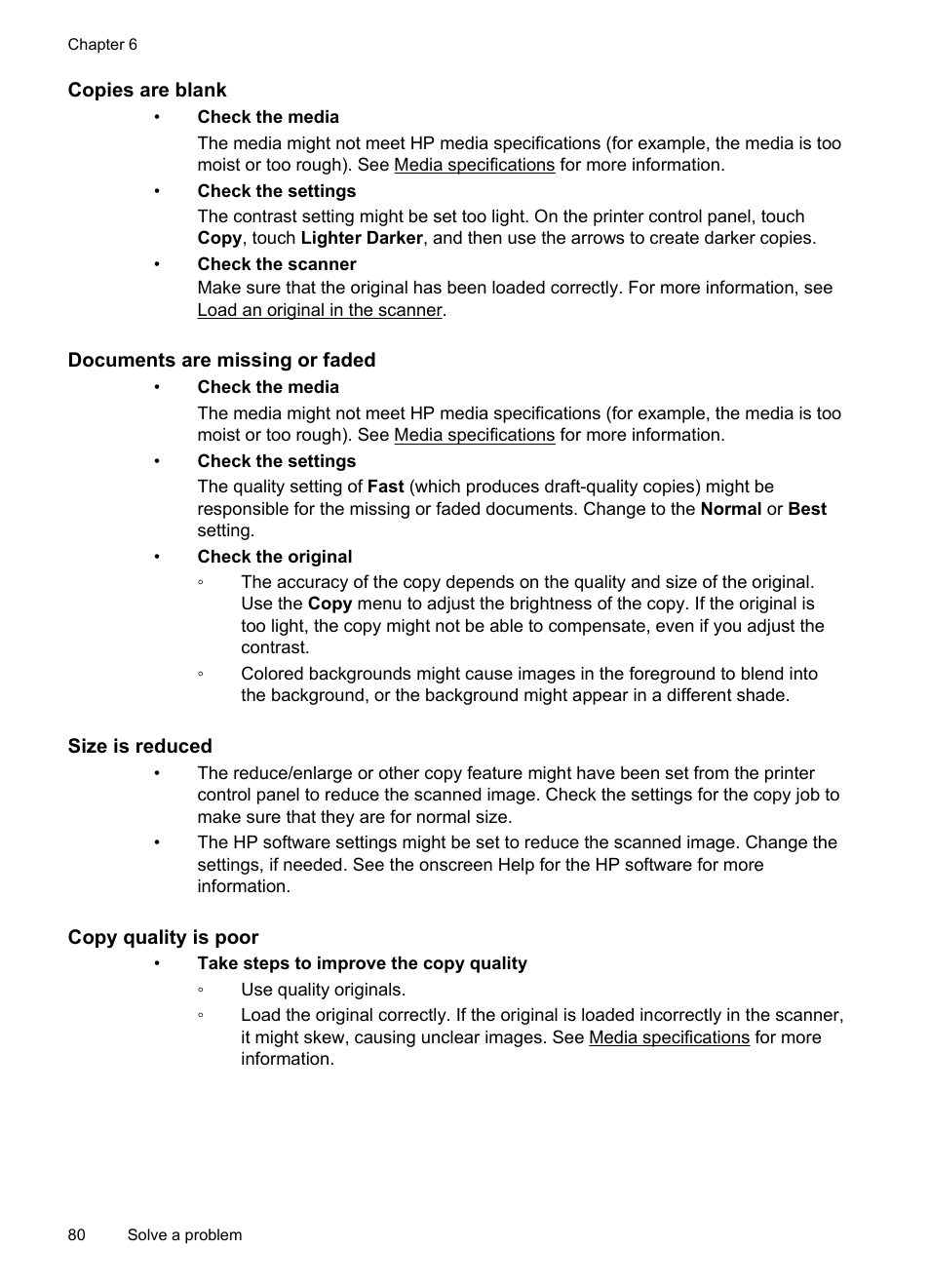 Copies are blank, Documents are missing or faded, Size is reduced | Copy quality is poor | HP Officejet 150 Mobile All-in-One Printer - L511a User Manual | Page 84 / 138