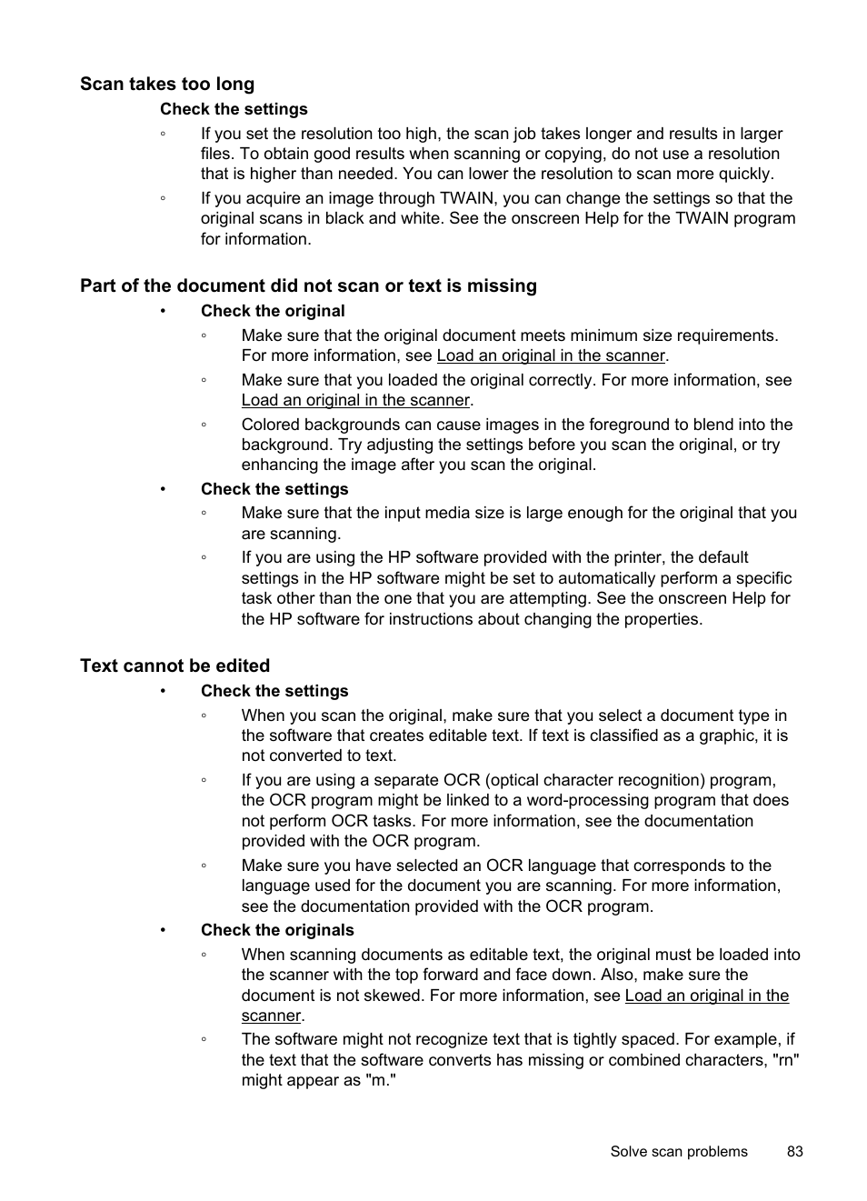 Scan takes too long, Text cannot be edited | HP Officejet 150 Mobile All-in-One Printer - L511a User Manual | Page 87 / 138
