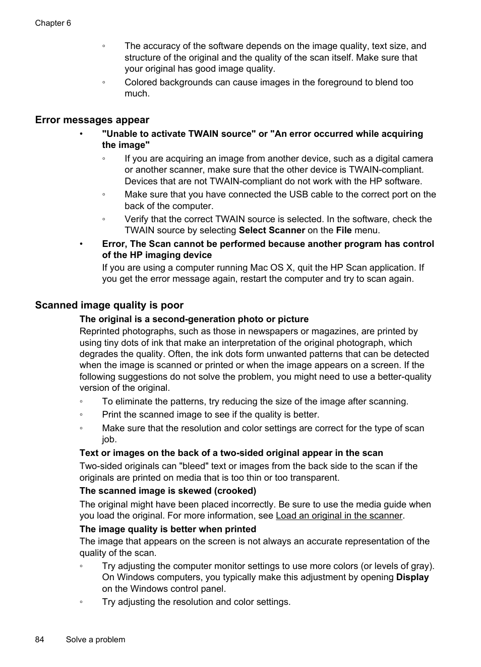 Error messages appear, Scanned image quality is poor | HP Officejet 150 Mobile All-in-One Printer - L511a User Manual | Page 88 / 138