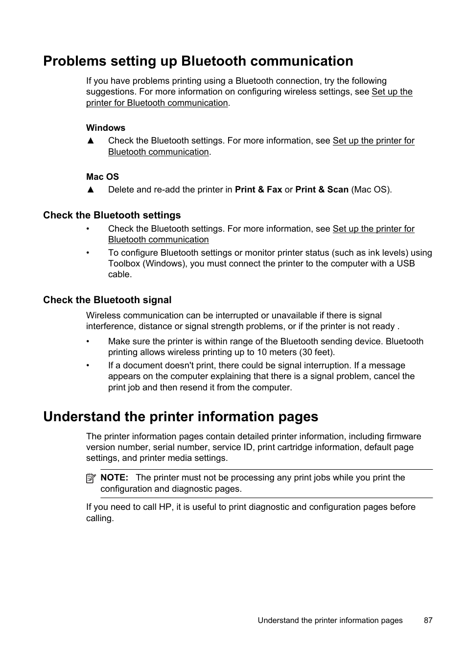 Problems setting up bluetooth communication, Check the bluetooth settings, Check the bluetooth signal | E problems setting up bluetooth communication, Understand the printer information pages | HP Officejet 150 Mobile All-in-One Printer - L511a User Manual | Page 91 / 138
