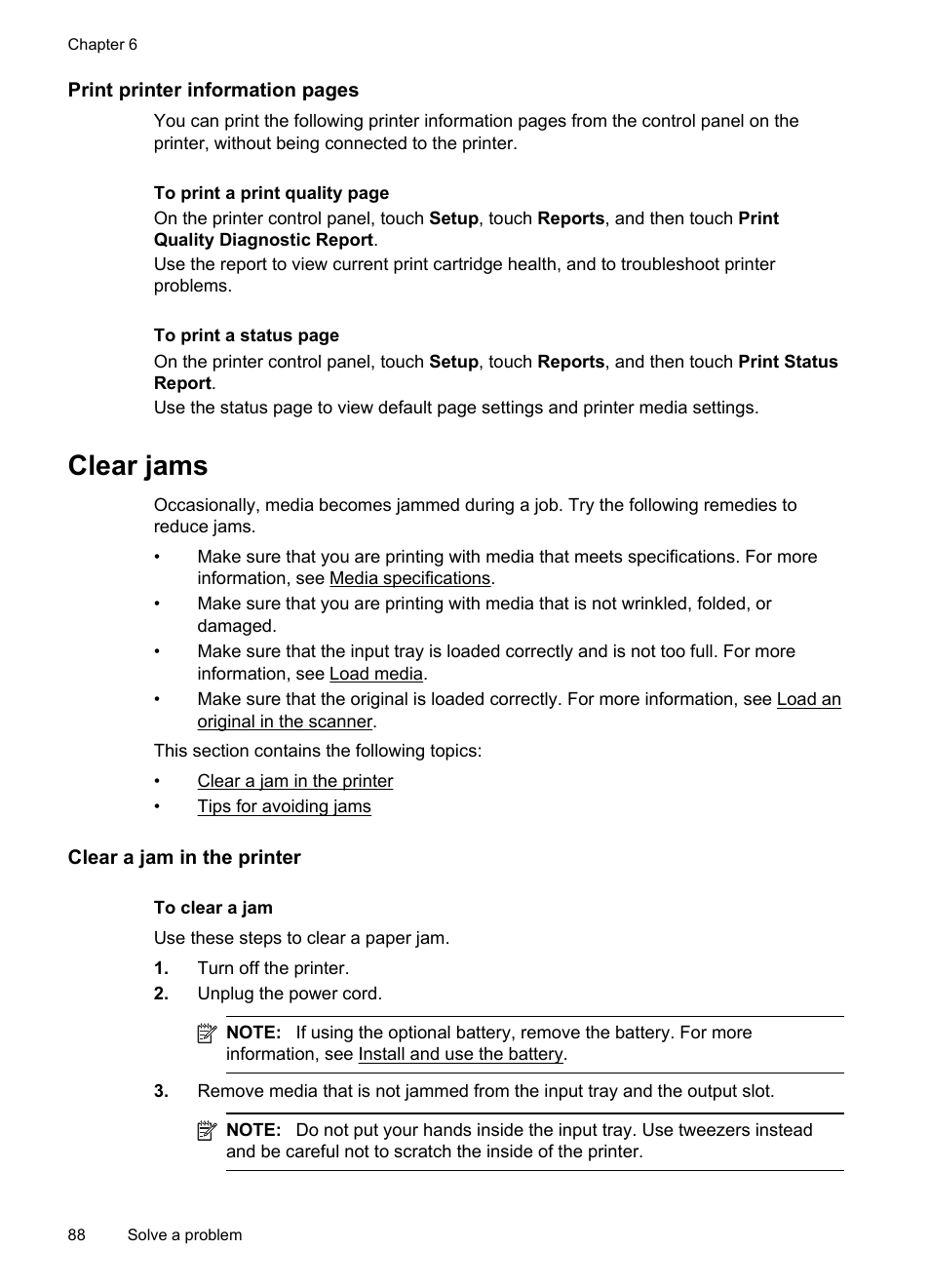 Clear jams, Clear a jam in the printer, Ips for avoiding jams | For information on resolving jams, see clear jams | HP Officejet 150 Mobile All-in-One Printer - L511a User Manual | Page 92 / 138