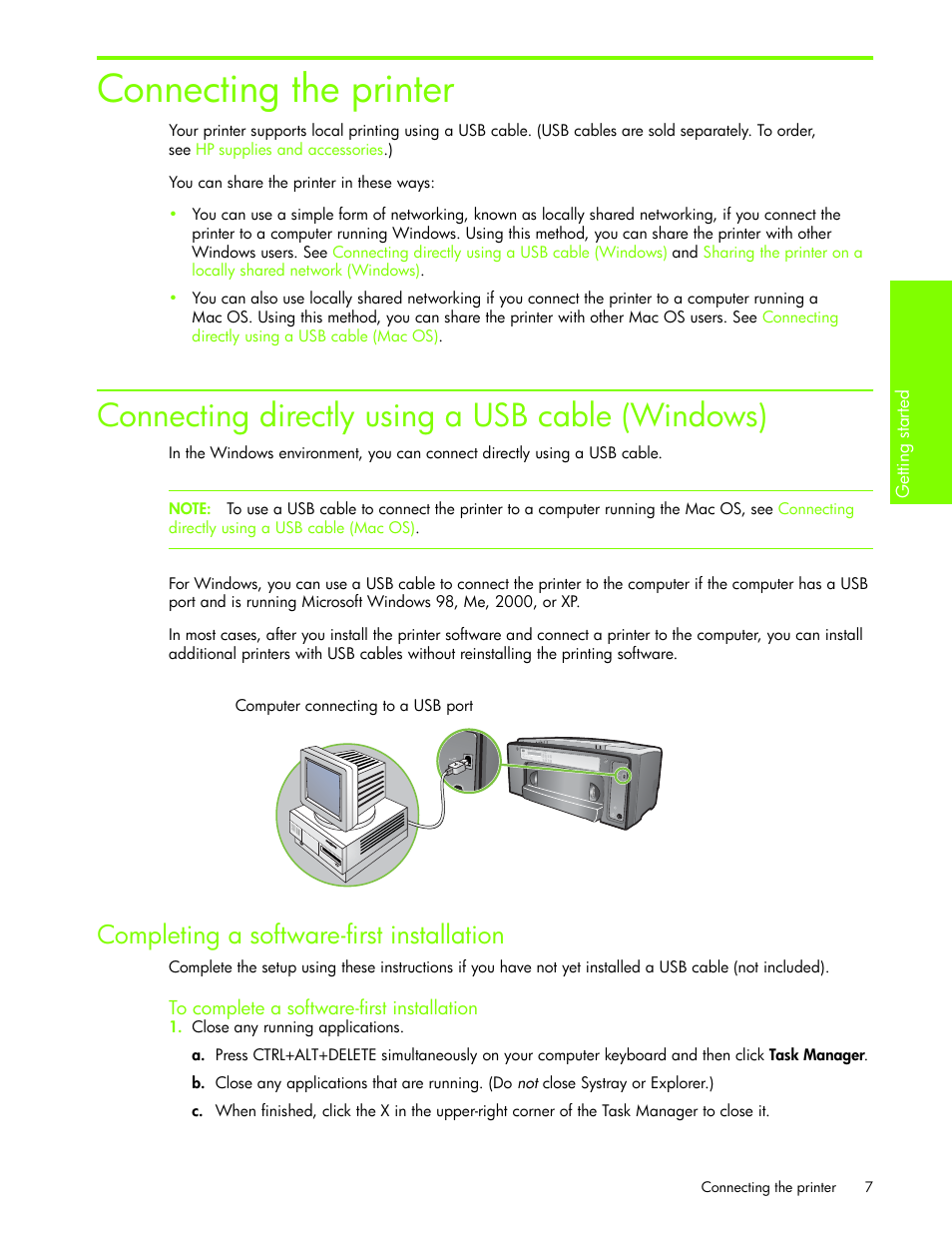 Connecting the printer, Connecting directly using a usb cable (windows), Completing a software-first installation | To complete a software-first installation | HP Business Inkjet 1000 Printer User Manual | Page 10 / 96