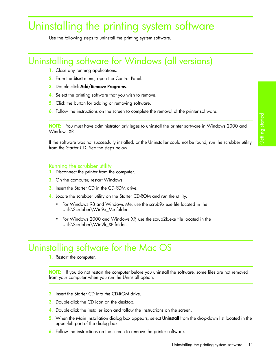 Uninstalling the printing system software, Uninstalling software for windows (all versions), Running the scrubber utility | Uninstalling software for the macos, Uninstalling software for the mac os | HP Business Inkjet 1000 Printer User Manual | Page 14 / 96