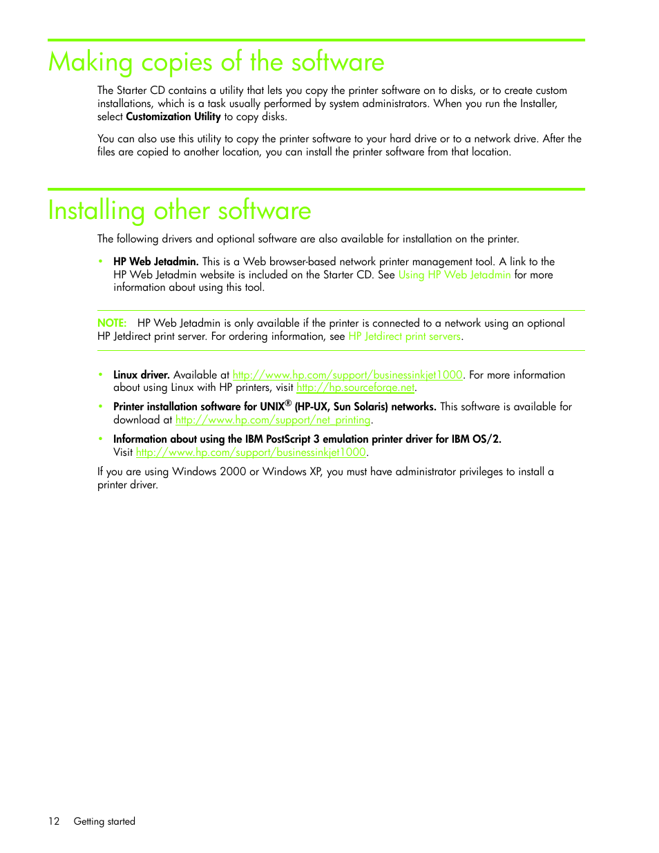 Making copies of the software, Installing other software | HP Business Inkjet 1000 Printer User Manual | Page 15 / 96