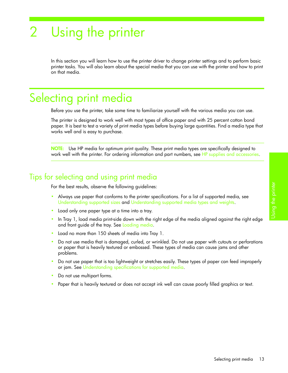 Using the printer, Selecting print media, Tips for selecting and using print media | 2 using the printer | HP Business Inkjet 1000 Printer User Manual | Page 16 / 96