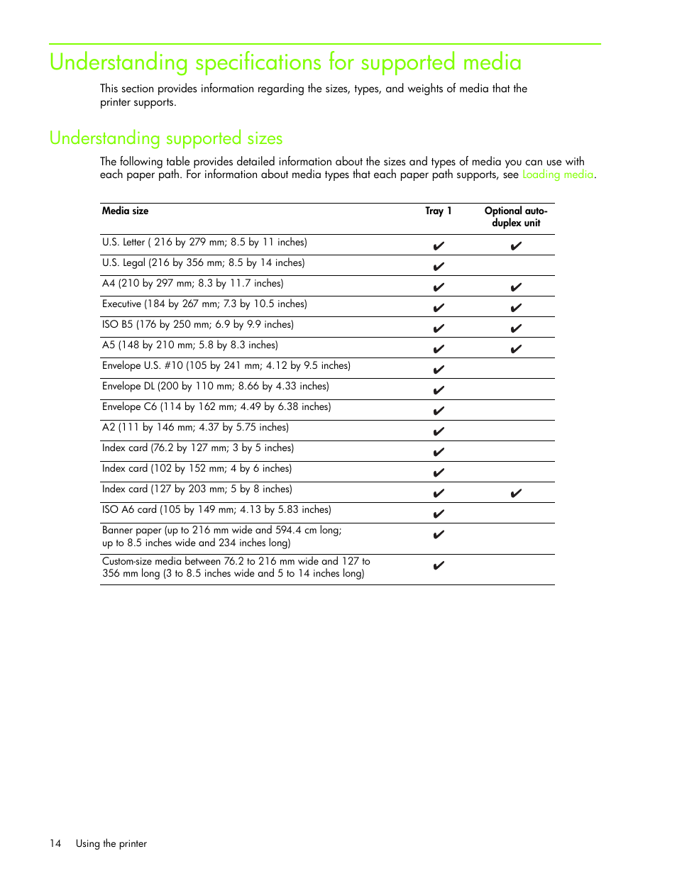 Understanding specifications for supported media, Understanding supported sizes | HP Business Inkjet 1000 Printer User Manual | Page 17 / 96