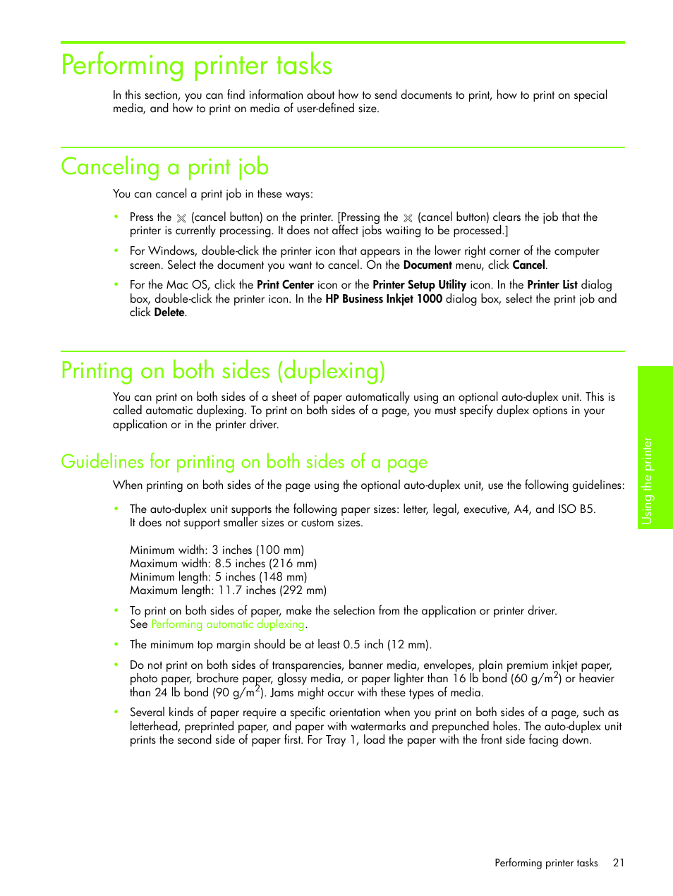 Performing printer tasks, Canceling a print job, Printing on both sides (duplexing) | Guidelines for printing on both sides of a page | HP Business Inkjet 1000 Printer User Manual | Page 24 / 96