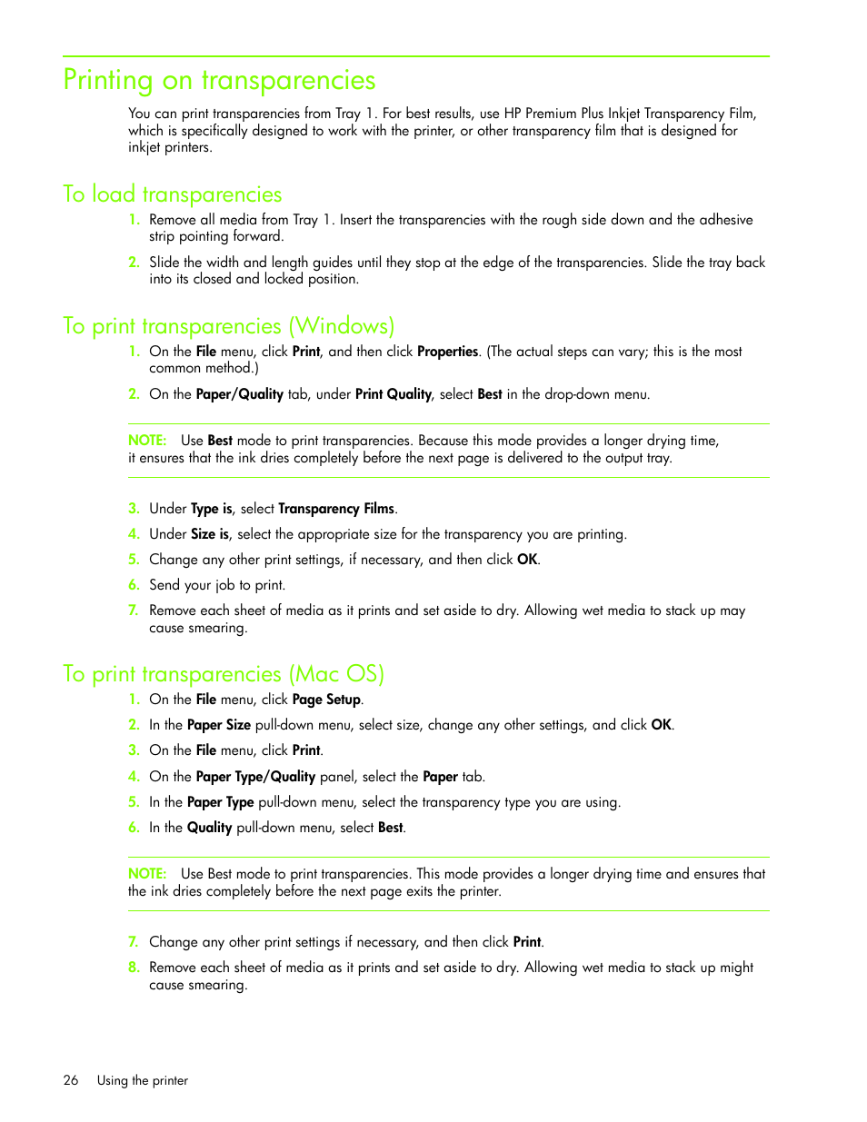 Printing on transparencies, To load transparencies, To print transparencies (windows) | To print transparencies (mac os) | HP Business Inkjet 1000 Printer User Manual | Page 29 / 96