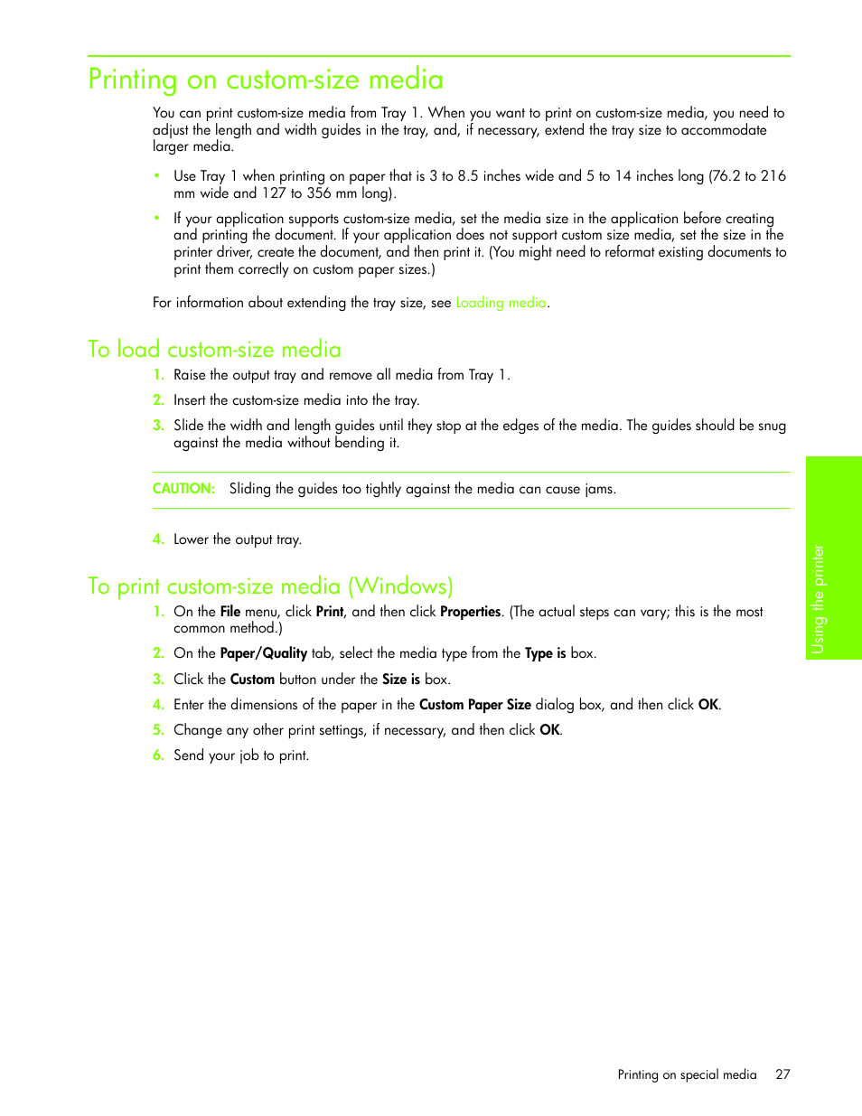 Printing on custom-size media, To load custom-size media, To print custom-size media (windows) | HP Business Inkjet 1000 Printer User Manual | Page 30 / 96