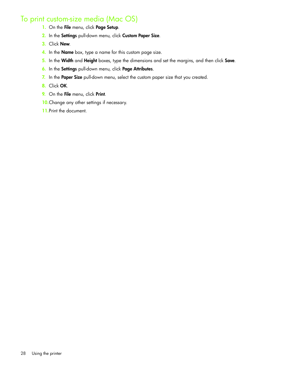 To print custom-size media (mac os) | HP Business Inkjet 1000 Printer User Manual | Page 31 / 96