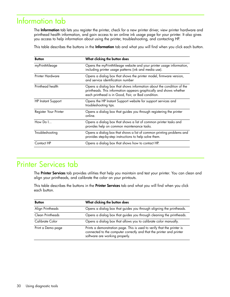 Information tab, Printer services tab, Information tab printer services tab | HP Business Inkjet 1000 Printer User Manual | Page 33 / 96