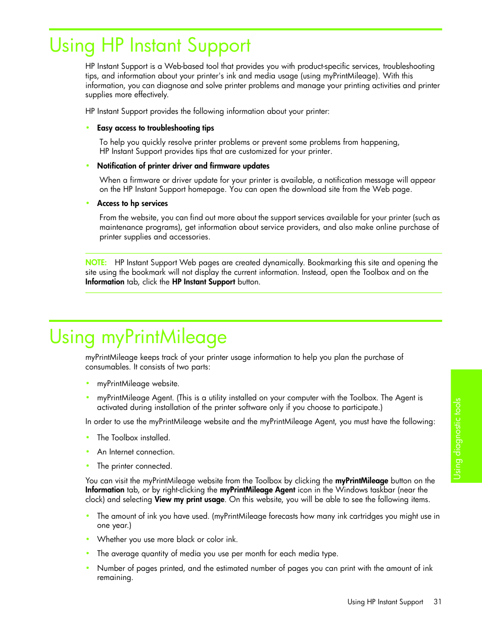 Using hpinstant support, Using myprintmileage, Using hp instant support using myprintmileage | Using hp instant support | HP Business Inkjet 1000 Printer User Manual | Page 34 / 96