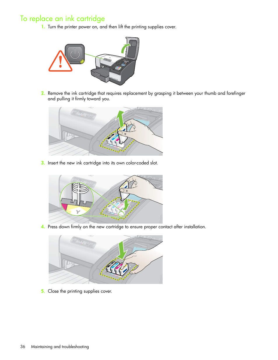 To replace an ink cartridge | HP Business Inkjet 1000 Printer User Manual | Page 39 / 96