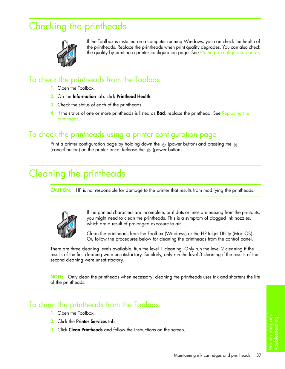 Checking the printheads, To check the printheads from the toolbox, Cleaning the printheads | To clean the printheads from the toolbox, Checking the printheads cleaning the printheads | HP Business Inkjet 1000 Printer User Manual | Page 40 / 96