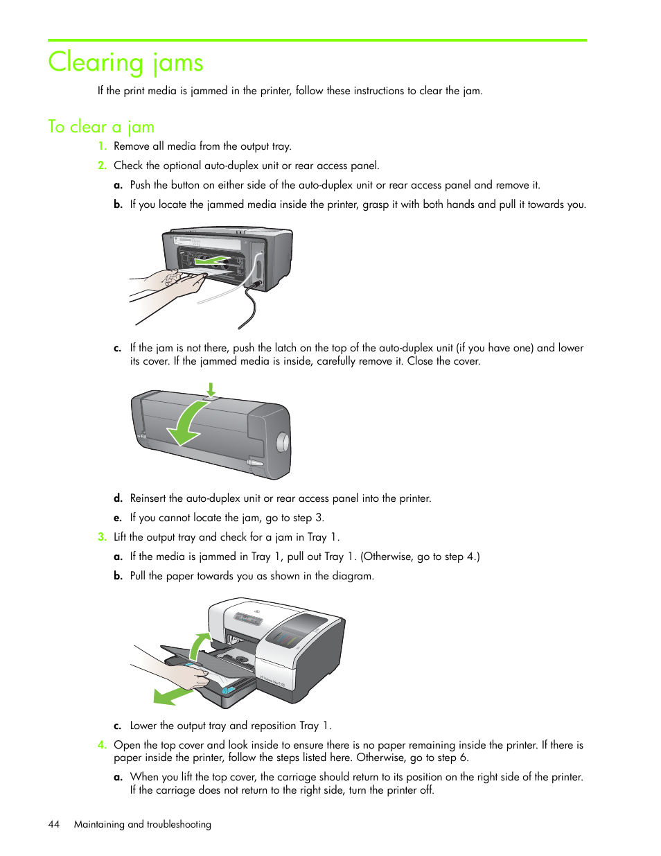 Clearing jams, To clear a jam | HP Business Inkjet 1000 Printer User Manual | Page 47 / 96