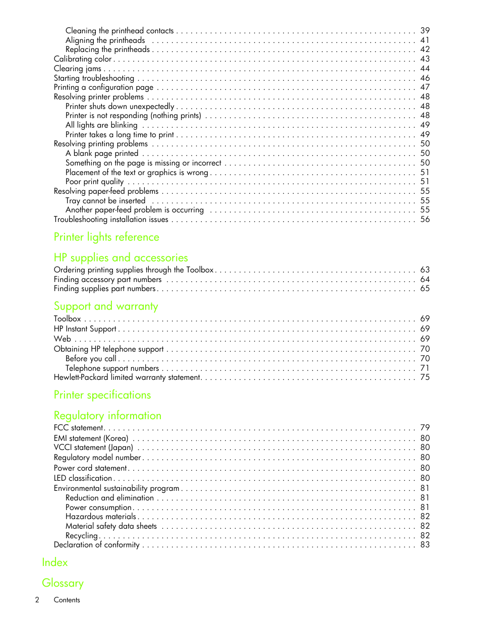 Support and warranty, Printer specifications regulatory information, Index glossary | HP Business Inkjet 1000 Printer User Manual | Page 5 / 96