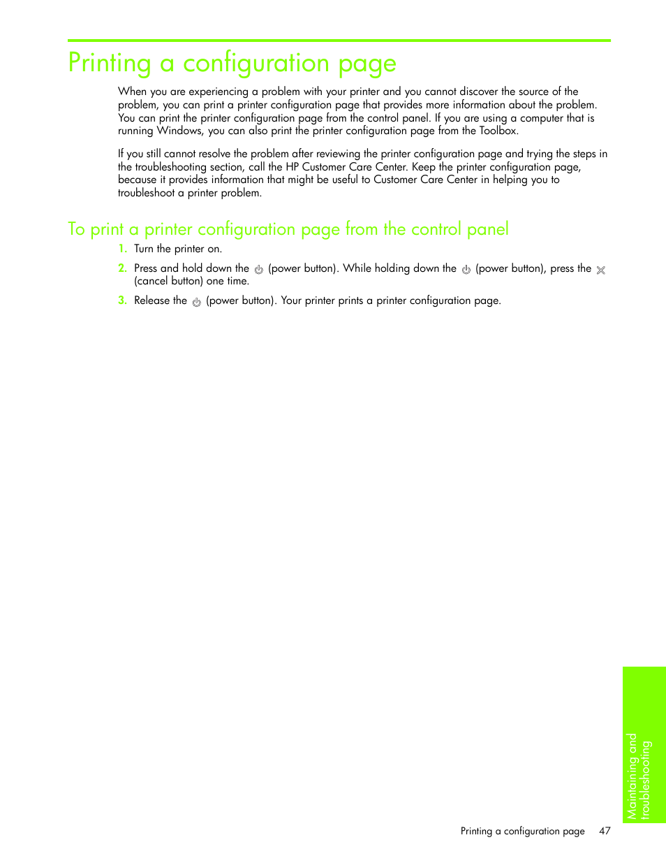 Printing a configuration page | HP Business Inkjet 1000 Printer User Manual | Page 50 / 96