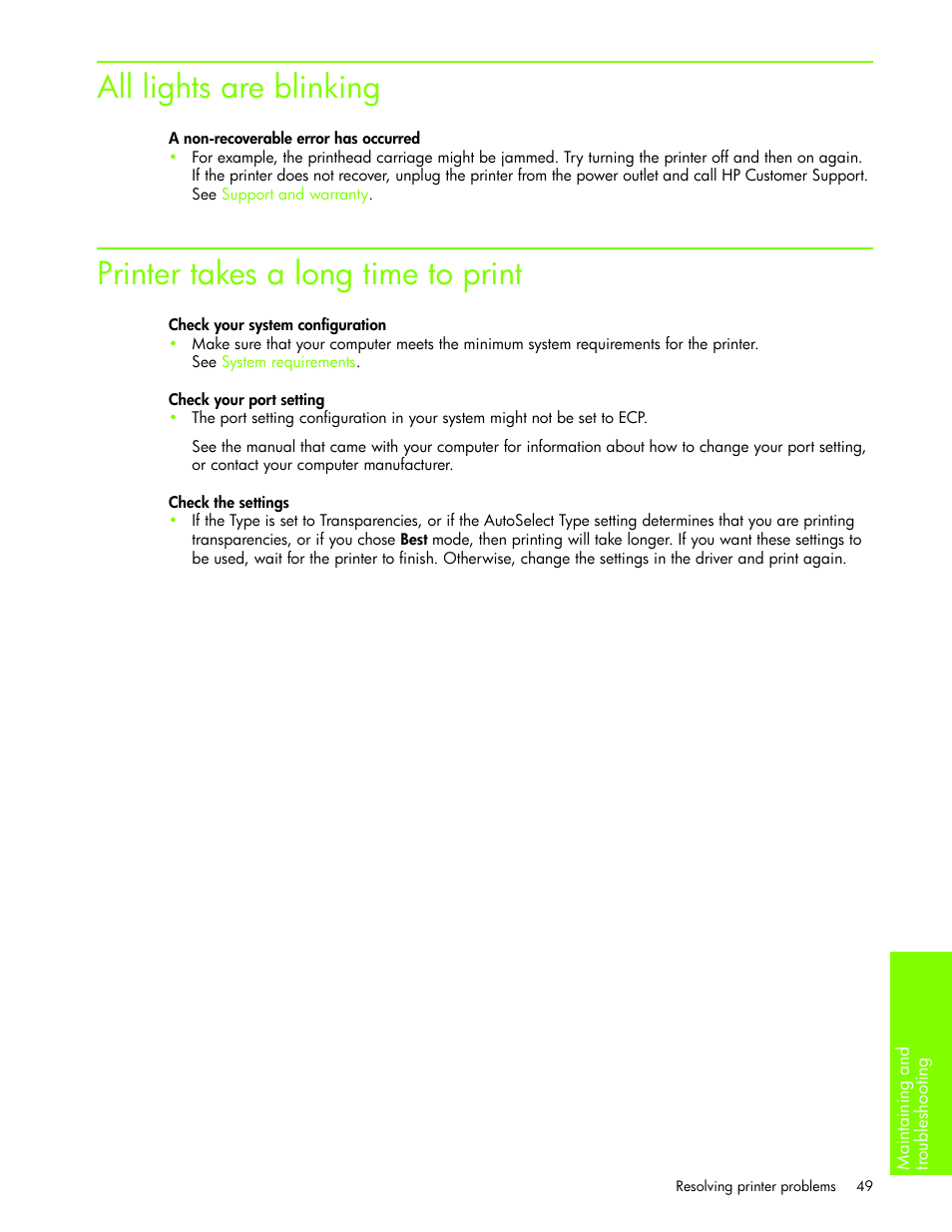 All lights are blinking, Printer takes a long time to print | HP Business Inkjet 1000 Printer User Manual | Page 52 / 96