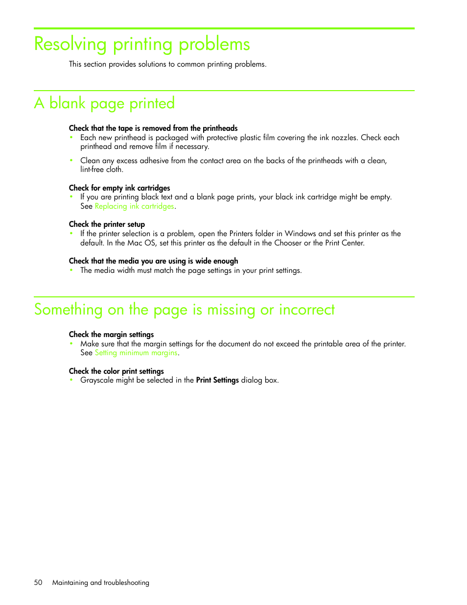 Resolving printing problems, A blank page printed, Something on the page is missing or incorrect | HP Business Inkjet 1000 Printer User Manual | Page 53 / 96