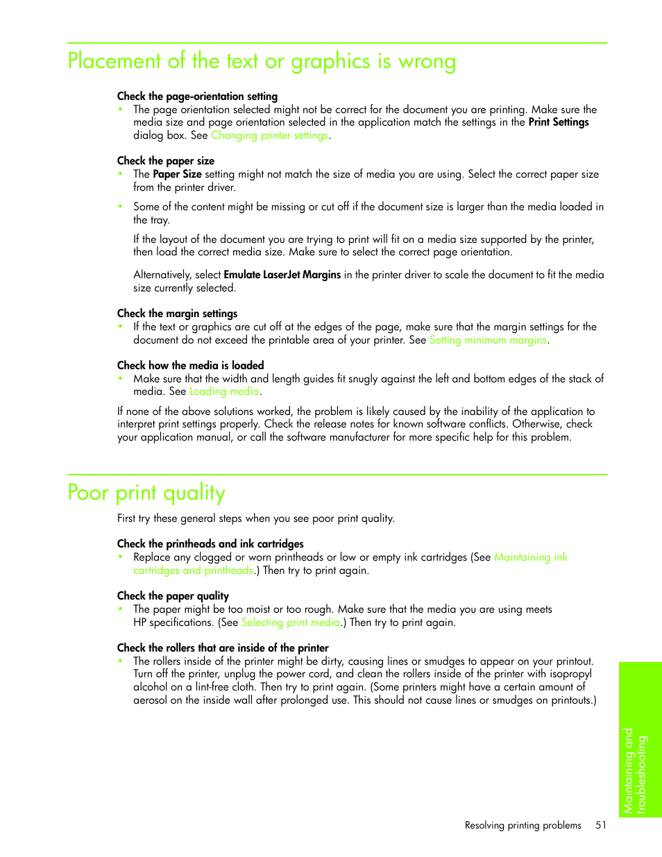 Placement of the text or graphics is wrong, Poor print quality | HP Business Inkjet 1000 Printer User Manual | Page 54 / 96