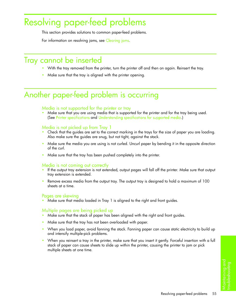 Resolving paper-feed problems, Tray cannot be inserted, Another paper-feed problem is occurring | Media is not supported for the printer or tray, Media is not picked up from tray1, Media is not coming out correctly | HP Business Inkjet 1000 Printer User Manual | Page 58 / 96