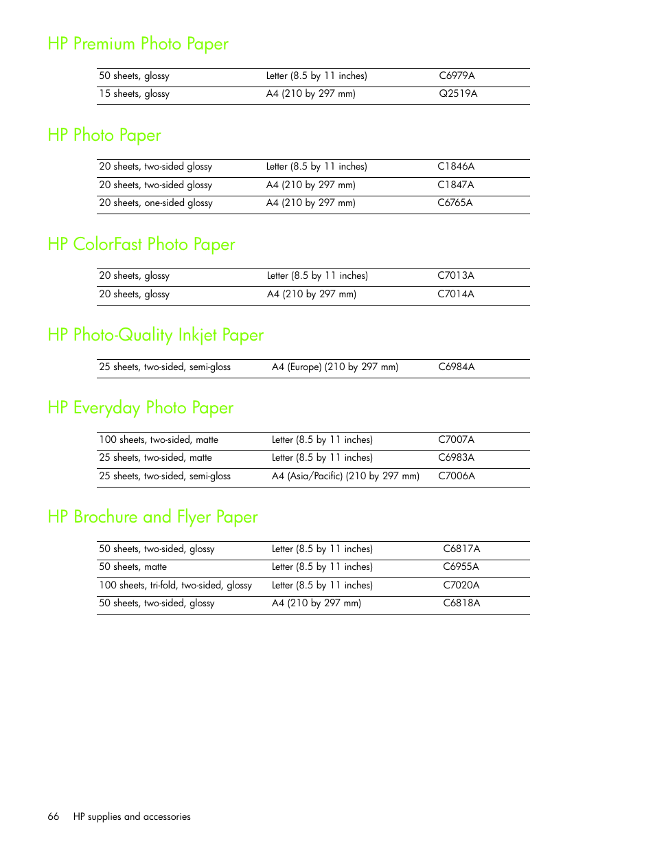 Hppremium photo paper, Hpphoto paper, Hpcolorfast photo paper | Hpphoto-quality inkjet paper, Hpeveryday photo paper, Hpbrochure and flyer paper | HP Business Inkjet 1000 Printer User Manual | Page 69 / 96