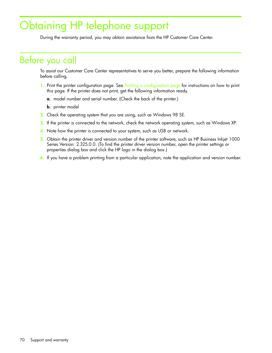 Obtaining hp telephone support, Before you call | HP Business Inkjet 1000 Printer User Manual | Page 73 / 96