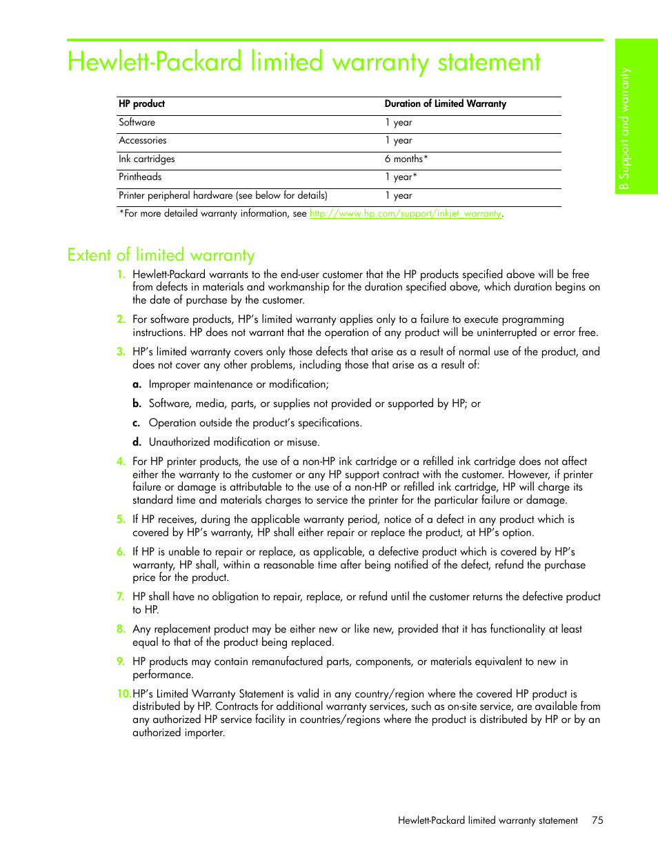 Hewlett-packard limited warranty statement, Extent of limited warranty | HP Business Inkjet 1000 Printer User Manual | Page 78 / 96