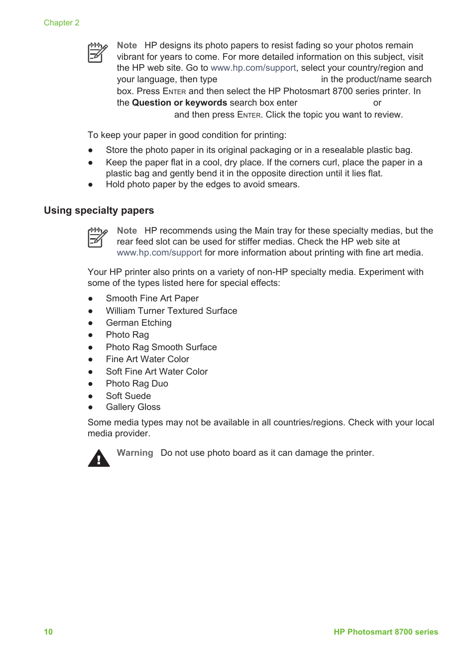 Using specialty papers | HP Photosmart 8750 Professional Photo Printer User Manual | Page 14 / 83