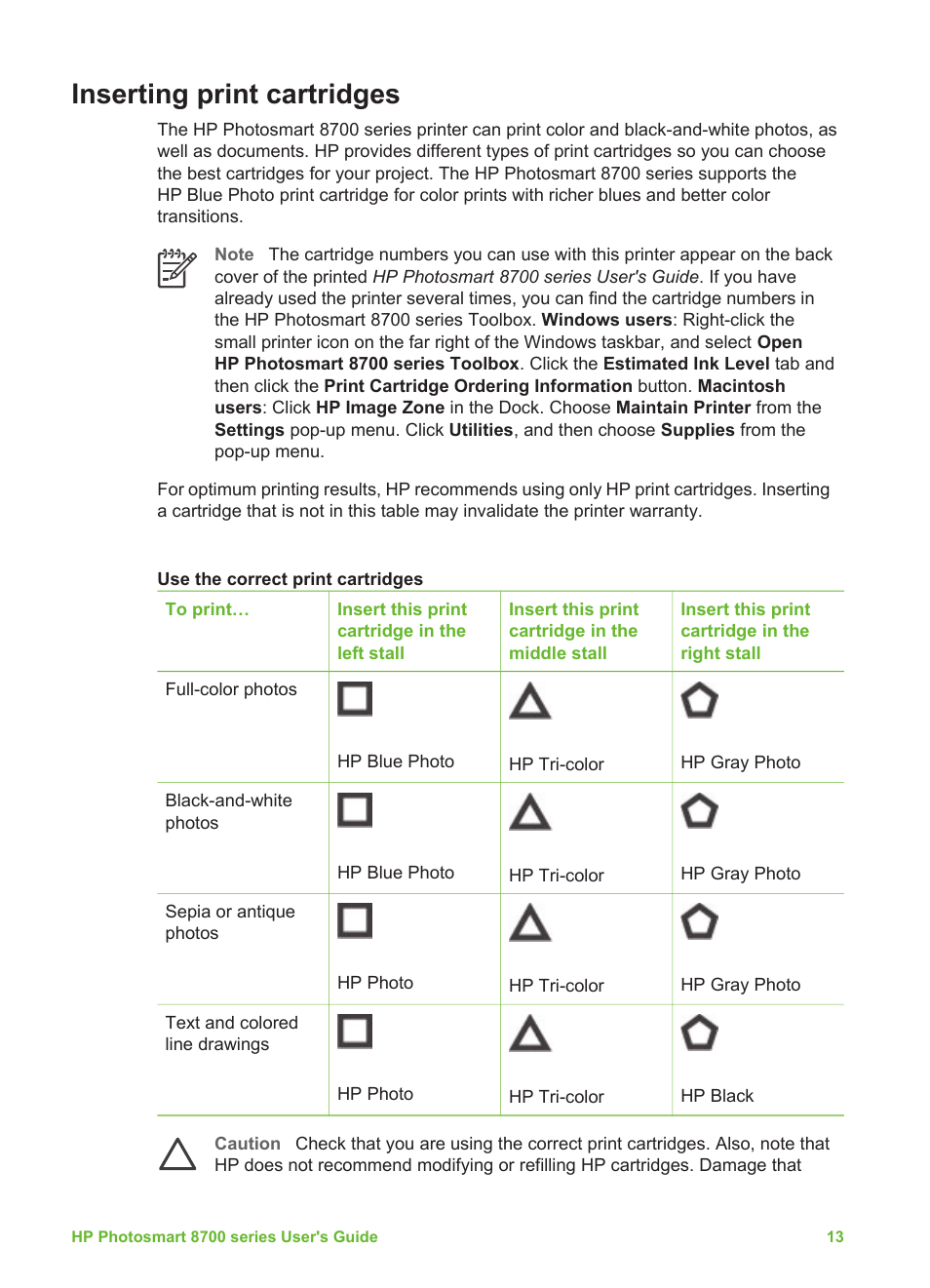 Inserting print cartridges | HP Photosmart 8750 Professional Photo Printer User Manual | Page 17 / 83