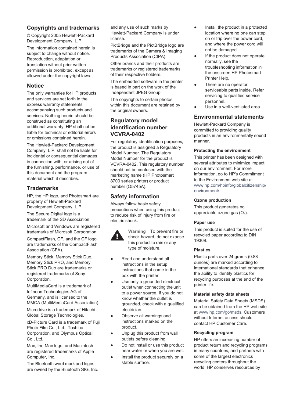 Copyrights and trademarks, Notice, Trademarks | Regulatory model identification number vcvra-0402, Safety information, Environmental statements | HP Photosmart 8750 Professional Photo Printer User Manual | Page 2 / 83