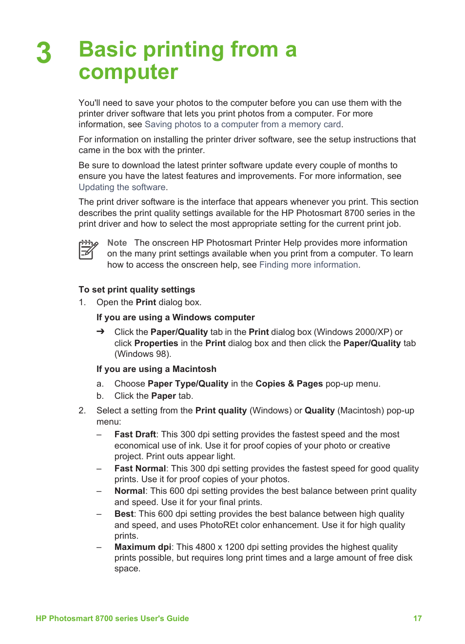 Basic printing from a computer | HP Photosmart 8750 Professional Photo Printer User Manual | Page 21 / 83