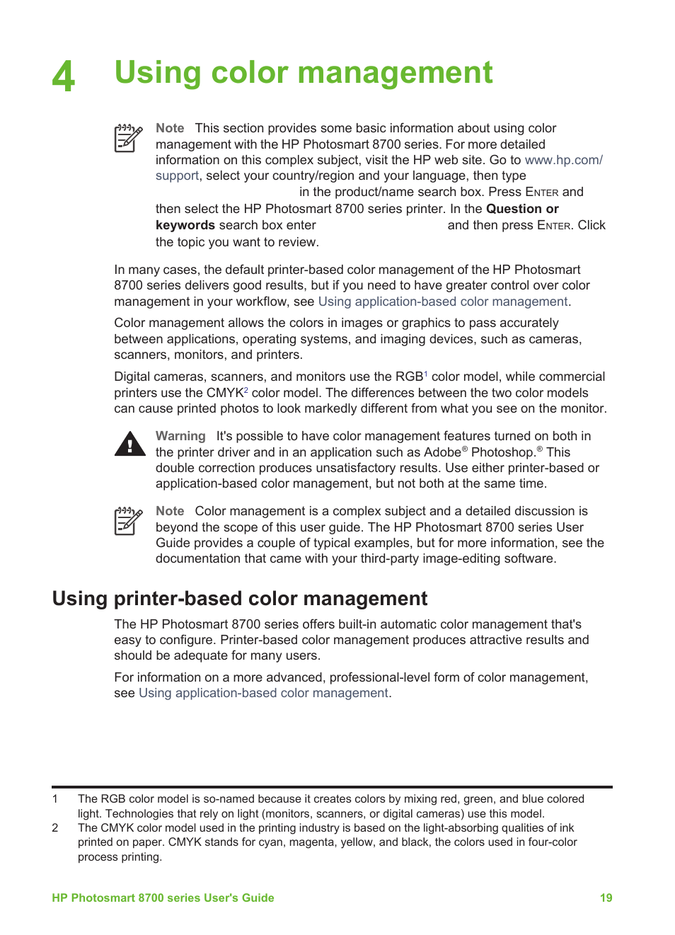 Using color management, Using printer-based color management, Using color | Management, Using, Color management | HP Photosmart 8750 Professional Photo Printer User Manual | Page 23 / 83