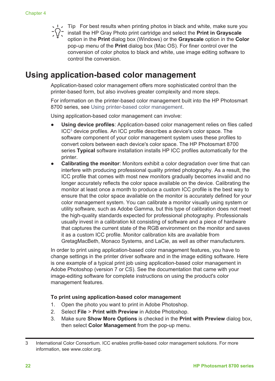 Using application-based color management | HP Photosmart 8750 Professional Photo Printer User Manual | Page 26 / 83